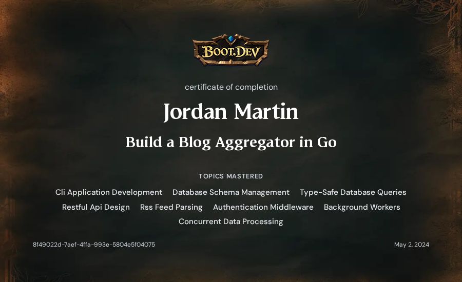 Jordan Martin's Boot.dev Build a Blog Aggregator in Go certificate