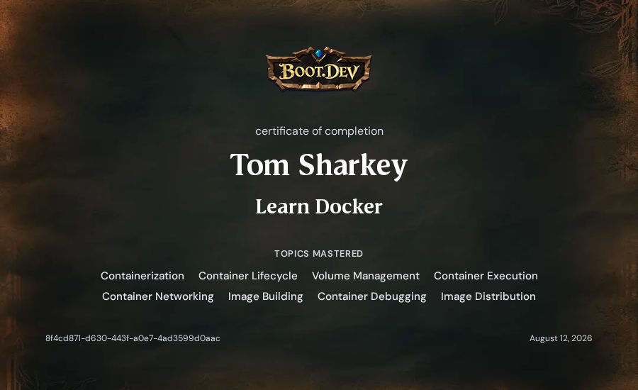 Tom Sharkey's Boot.dev Learn Docker certificate