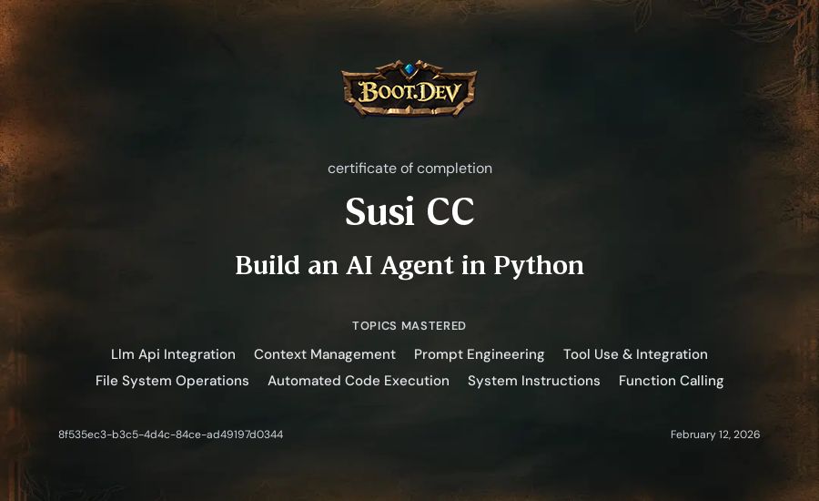 Susi CC's Boot.dev Build an AI Agent in Python certificate