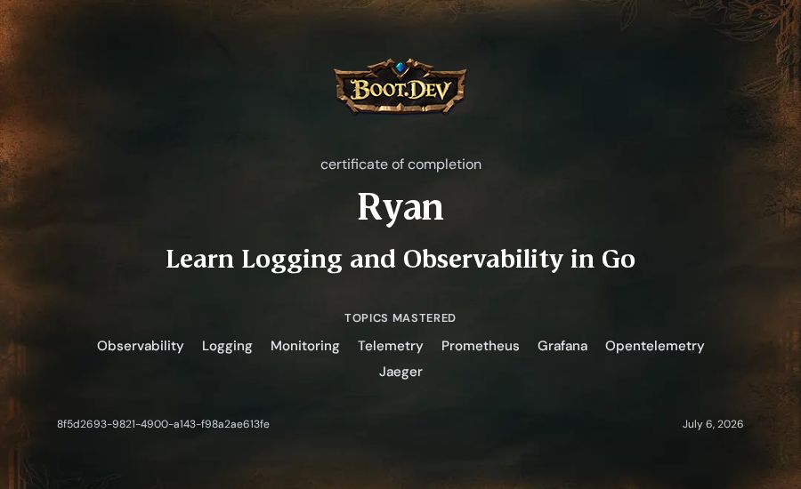 Ryan's Boot.dev Learn Logging and Observability in Go certificate