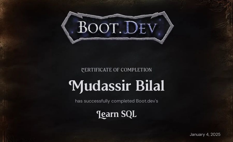 Mudassir Bilal's Boot.dev Learn SQL certificate