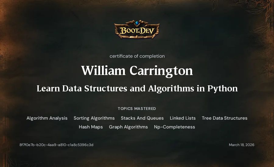 William Carrington's Boot.dev Learn Data Structures and Algorithms in Python certificate