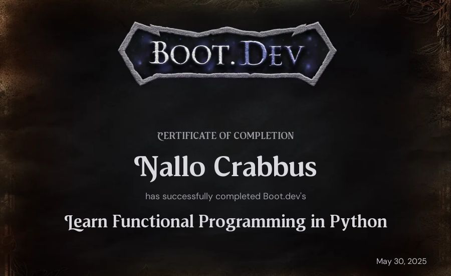 Nallo Crabbus's Boot.dev Learn Functional Programming in Python certificate