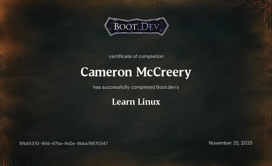 Cameron McCreery's Boot.dev Learn Linux certificate