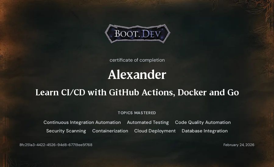 Alexander's Boot.dev Learn CI/CD with GitHub Actions, Docker and Go certificate