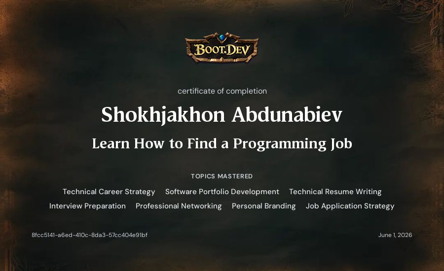 Shokhjakhon Abdunabiev's Boot.dev Learn How to Find a Programming Job certificate