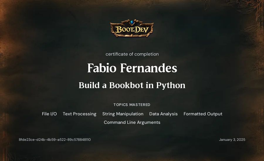 Fabio Fernandes's Boot.dev Build a BookBot in Python certificate