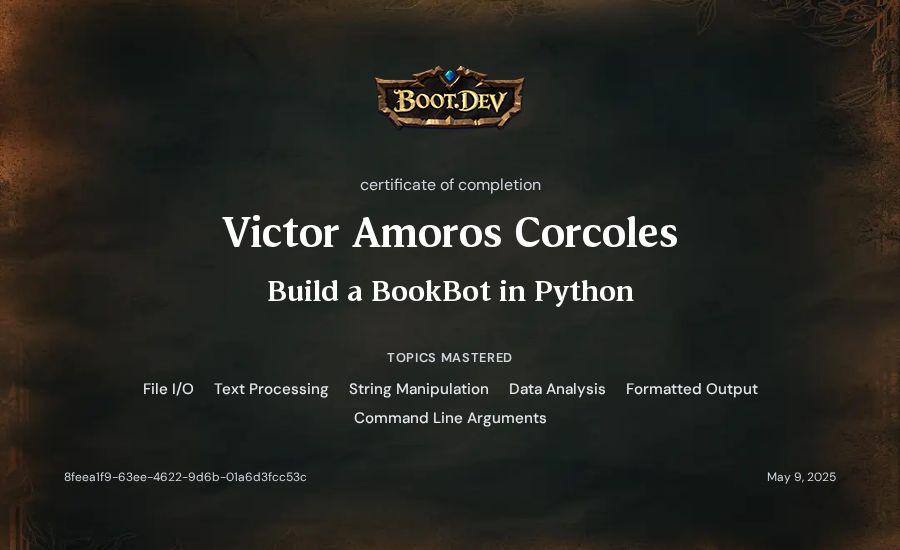 Victor Amoros Corcoles's Boot.dev Build a BookBot in Python certificate