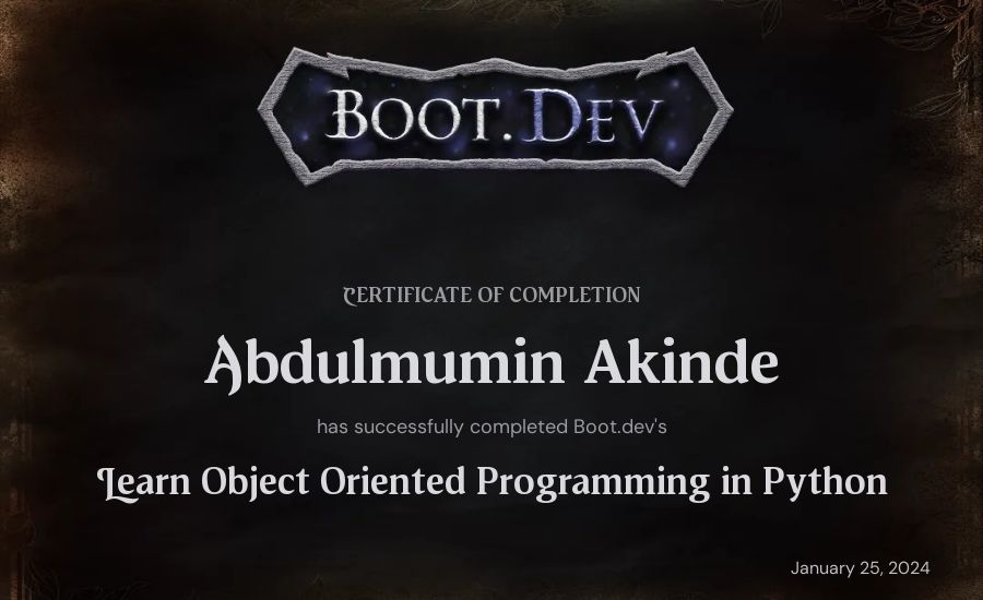 Abdulmumin Akinde's Boot.dev Learn Object Oriented Programming in Python certificate