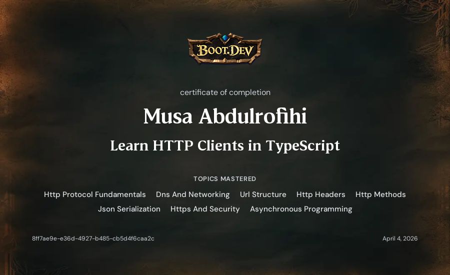 Musa Abdulrofihi's Boot.dev Learn HTTP Clients in TypeScript certificate