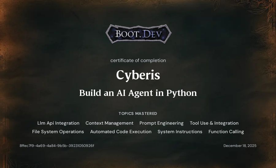 Cyberis's Boot.dev Build an AI Agent in Python certificate