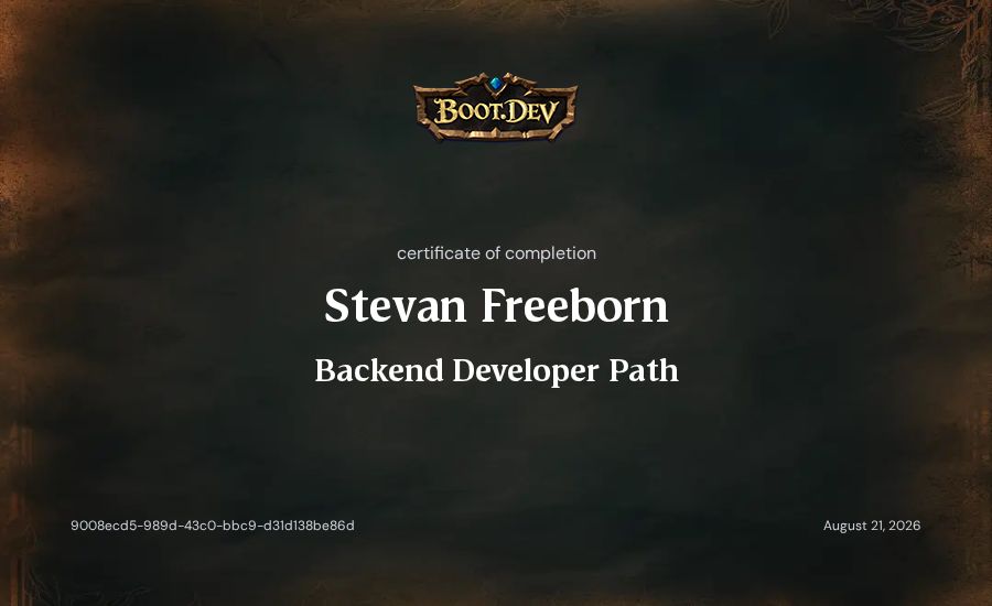 Stevan Freeborn's Boot.dev Backend Developer Path certificate
