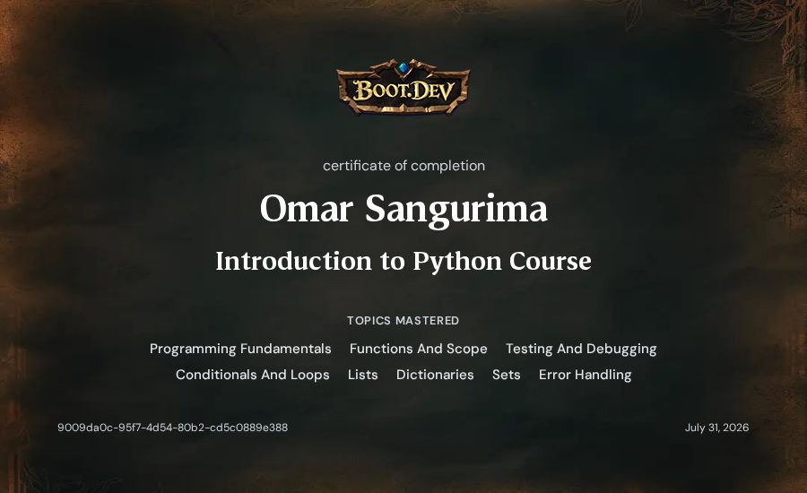 Omar Sangurima's Boot.dev Introduction to Python Course certificate