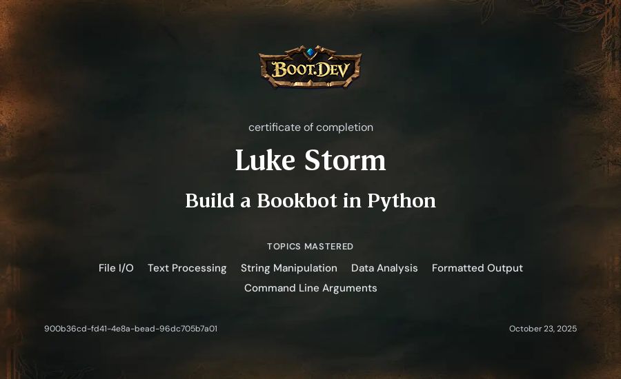 Luke Storm's Boot.dev Build a BookBot in Python certificate