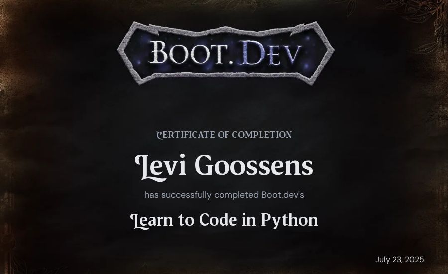 Levi Goossens's Boot.dev Introduction to Python Course certificate