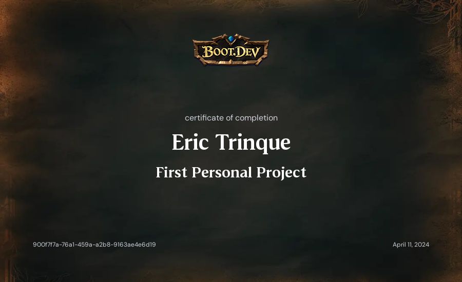 Eric Trinque's Boot.dev First Personal Project certificate