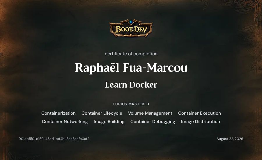 Raphaël Fua-Marcou's Boot.dev Learn Docker certificate