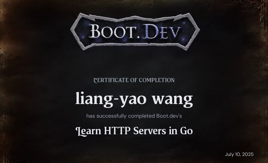 liang-yao wang's Boot.dev Learn HTTP Servers in Go certificate