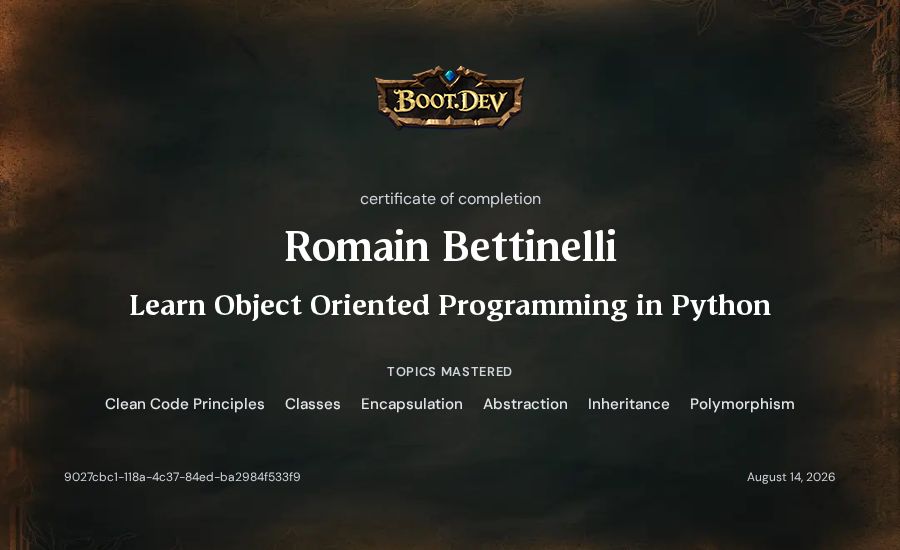 Romain Bettinelli's Boot.dev Learn Object Oriented Programming in Python certificate
