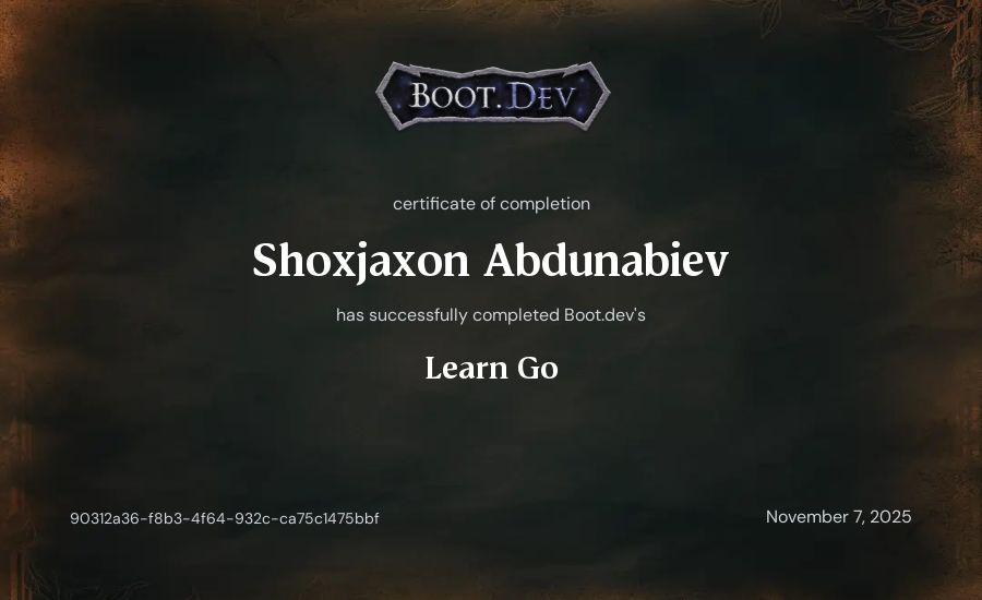 Shokhjakhon Abdunabiev's Boot.dev Learn Go certificate