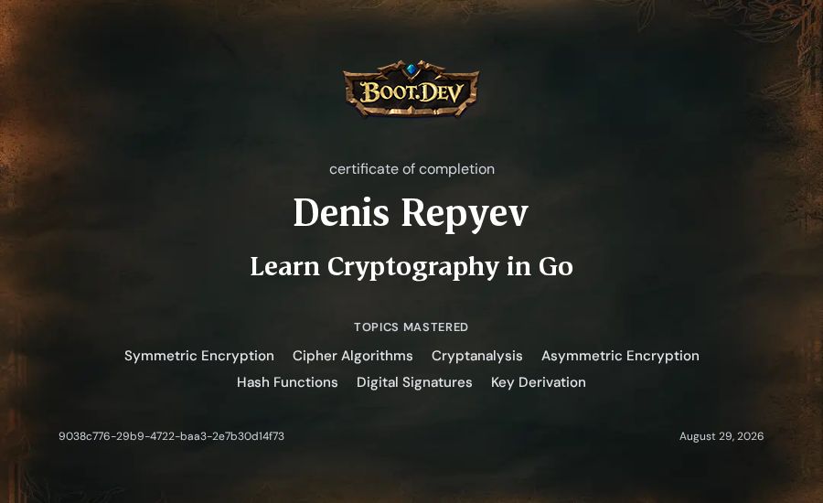 Denis Repyev's Boot.dev Learn Cryptography in Go certificate