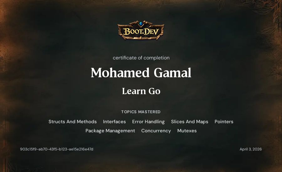 Mohamed Gamal's Boot.dev Learn Go certificate