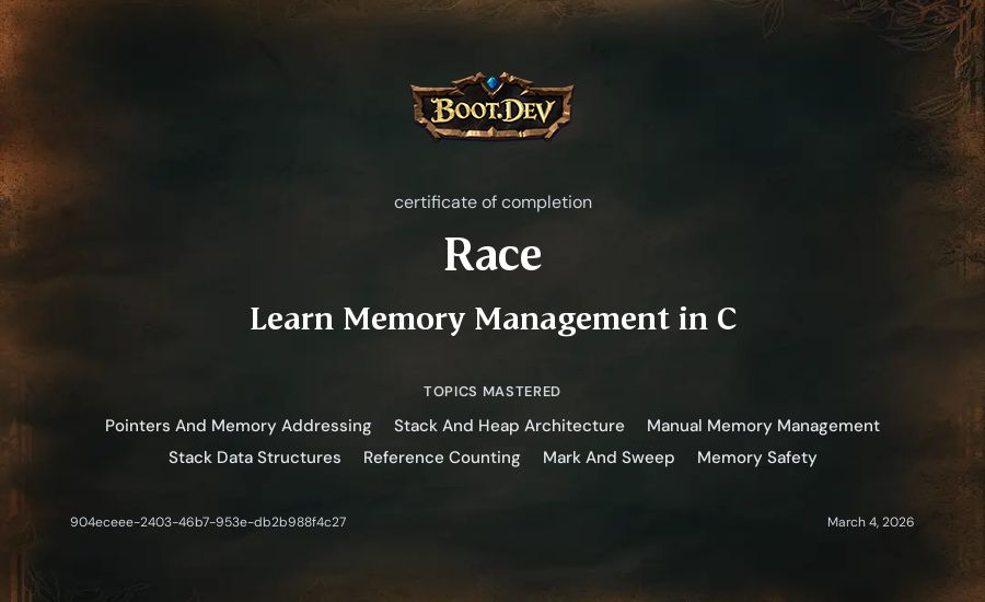 Race's Boot.dev Learn Memory Management in C certificate