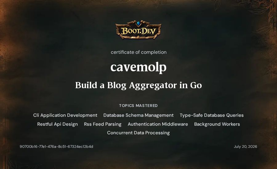 cavemolp's Boot.dev Build a Blog Aggregator in Go certificate
