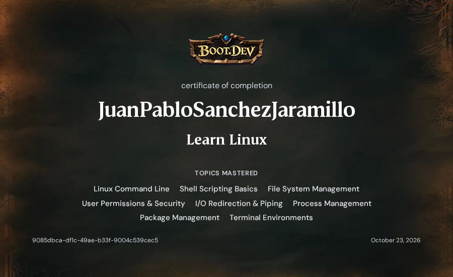 JuanPabloSanchezJaramillo's Boot.dev Learn Linux certificate
