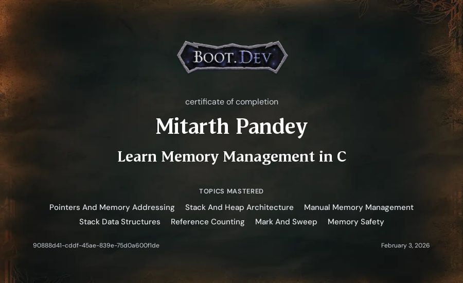 Mitarth Pandey's Boot.dev Learn Memory Management in C certificate