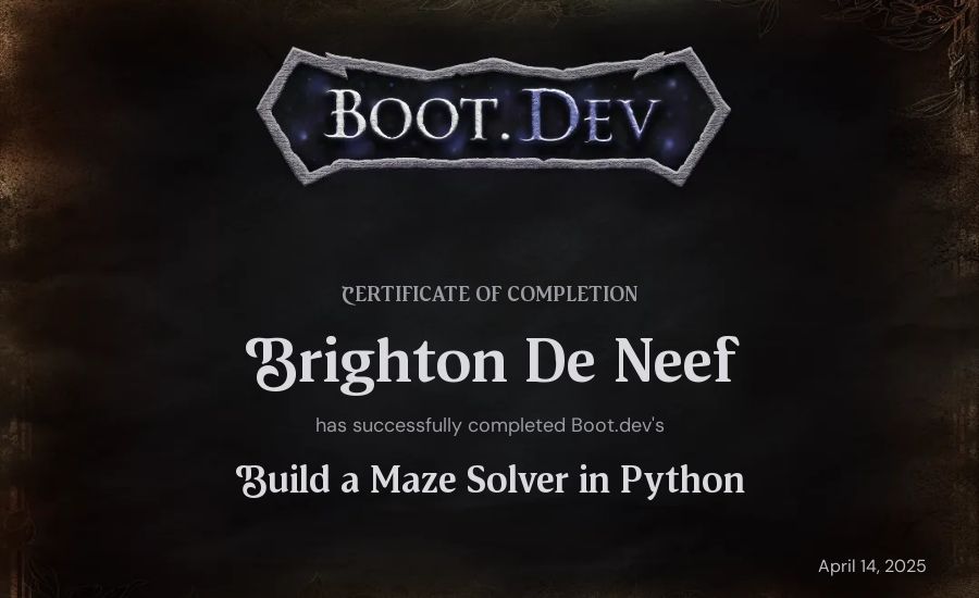 Brighton De Neef's Boot.dev Build a Maze Solver in Python certificate