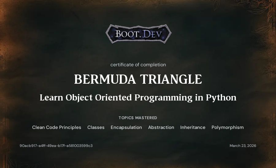 Artur Nurullin's Boot.dev Learn Object Oriented Programming in Python certificate