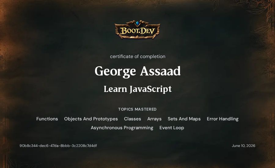 George Assaad's Boot.dev Learn JavaScript certificate