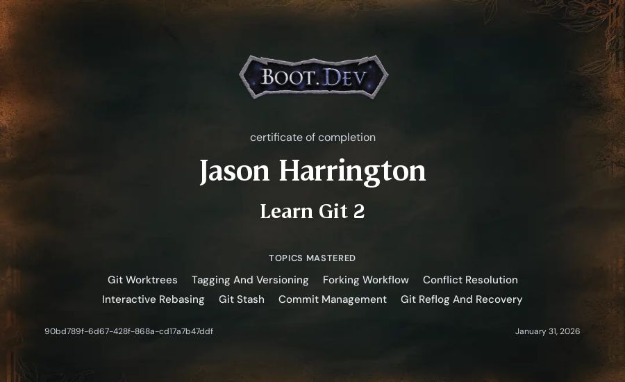 Jason Harrington's Boot.dev Learn Git 2 certificate