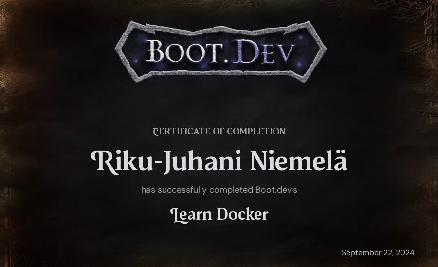 Riku-Juhani Niemelä's Boot.dev Learn Docker certificate