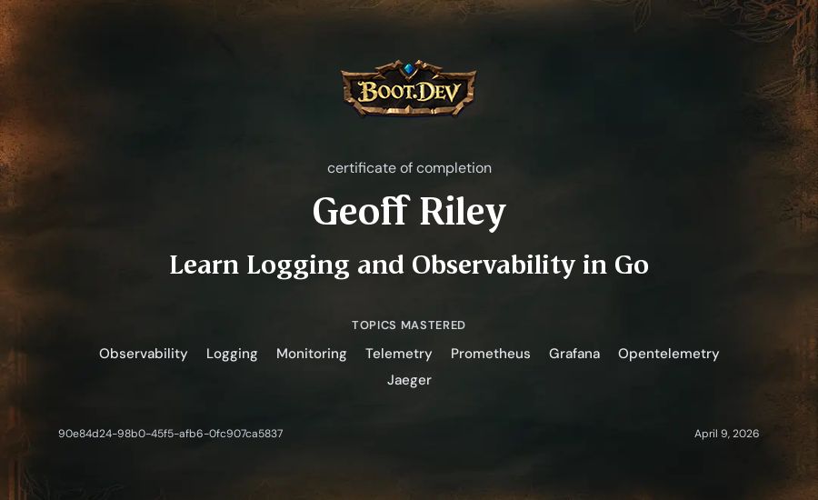 Geoff Riley's Boot.dev Learn Logging and Observability in Go certificate