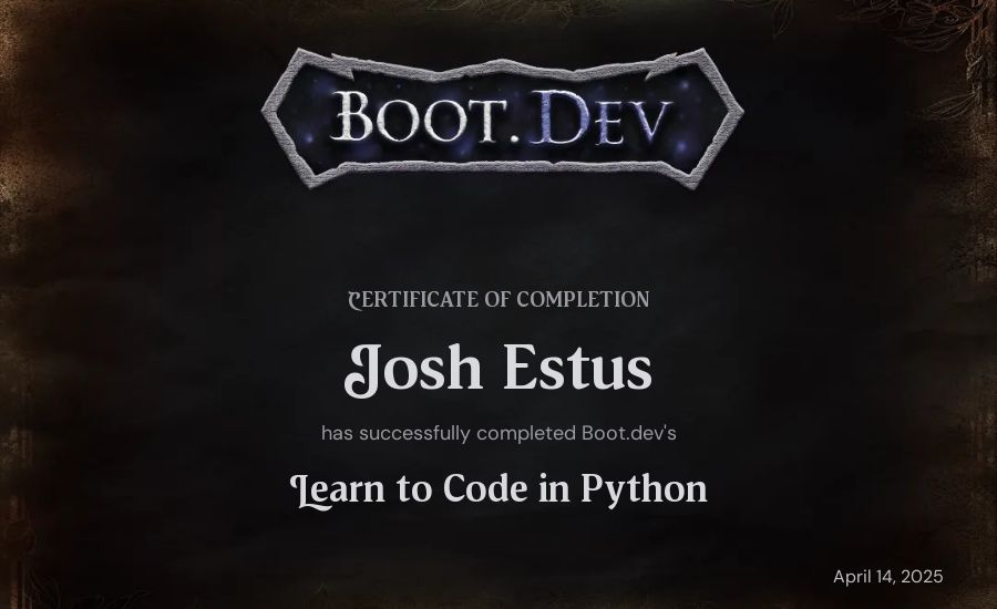 Josh Estus's Boot.dev Introduction to Python Course certificate