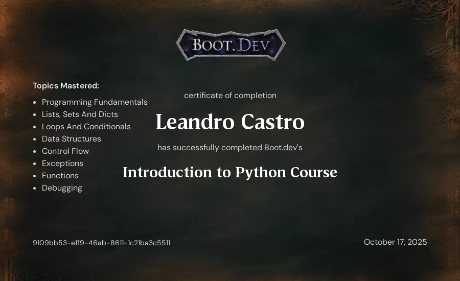 Leandro Castro's Boot.dev Introduction to Python Course certificate
