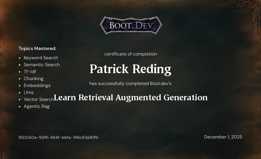 Patrick Reding's Boot.dev Learn Retrieval Augmented Generation certificate
