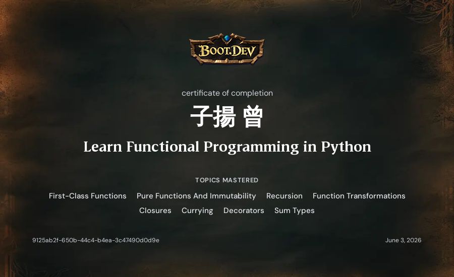 子揚 曾's Boot.dev Learn Functional Programming in Python certificate