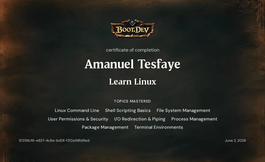 Amanuel Tesfaye's Boot.dev Learn Linux certificate