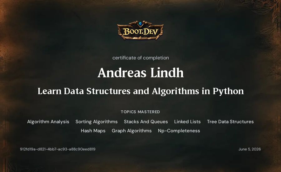 Andreas Lindh's Boot.dev Learn Data Structures and Algorithms in Python certificate
