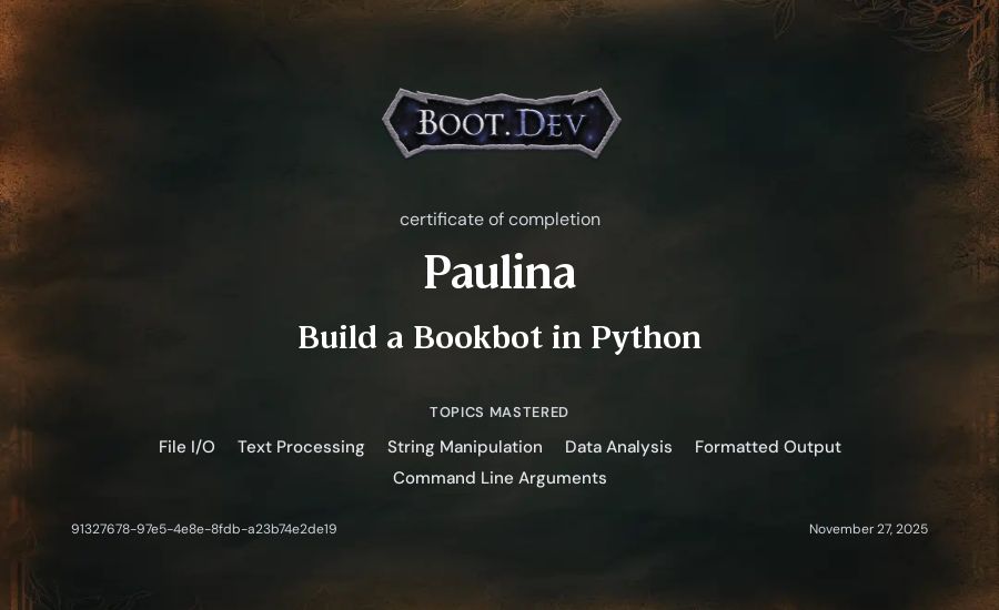 Paulina's Boot.dev Build a Bookbot in Python certificate