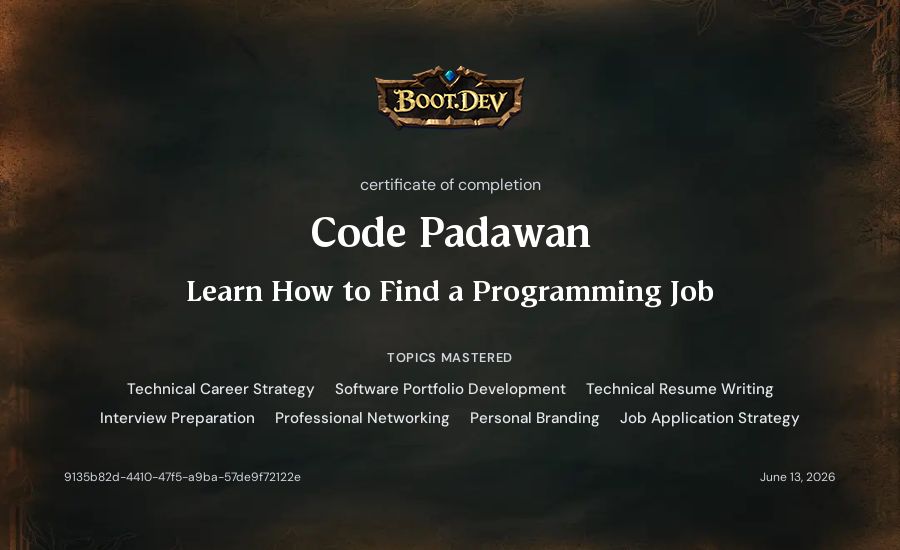 Code Padawan's Boot.dev Learn How to Find a Programming Job certificate