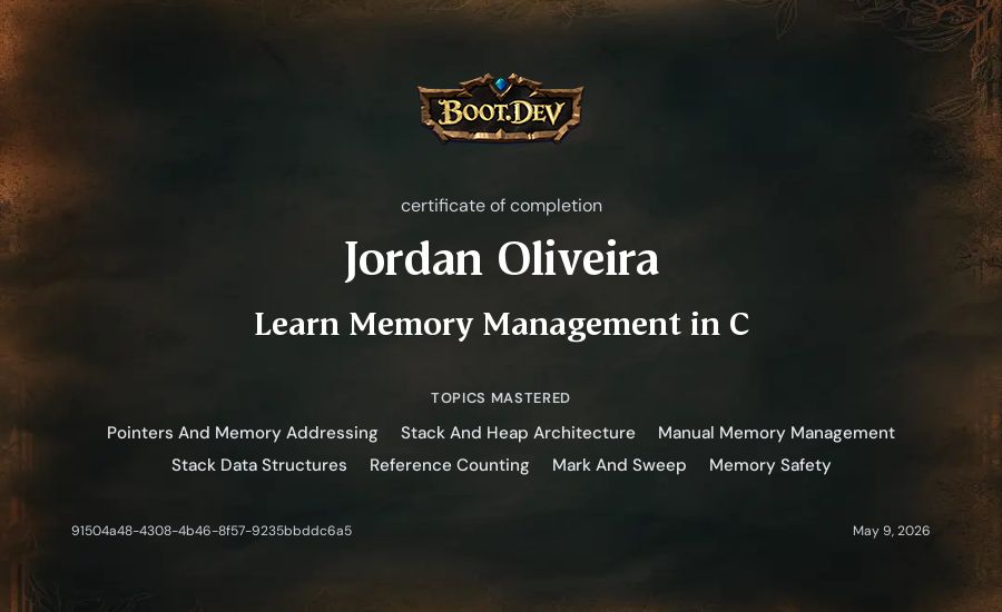 Jordan Oliveira's Boot.dev Learn Memory Management in C certificate