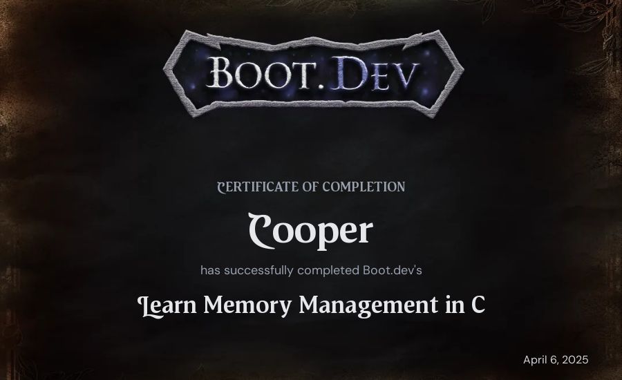 Cooper's Boot.dev Learn Memory Management in C certificate