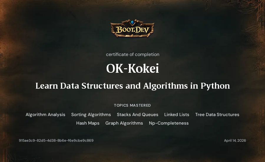 OK-Kokei's Boot.dev Learn Data Structures and Algorithms in Python certificate