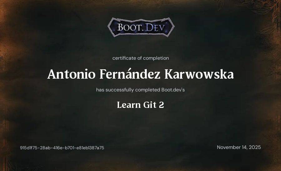 Antonio Fernández Karwowska's Boot.dev Learn Git 2 certificate
