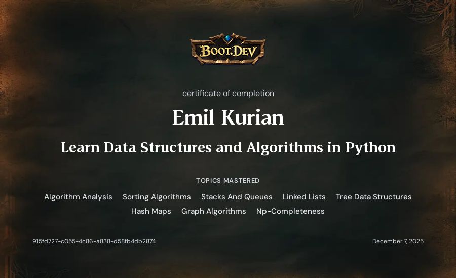 Emil Kurian's Boot.dev Learn Data Structures and Algorithms in Python certificate