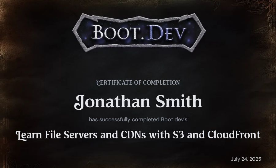 Jonathan Smith's Boot.dev Learn File Servers and CDNs with S3 and CloudFront certificate